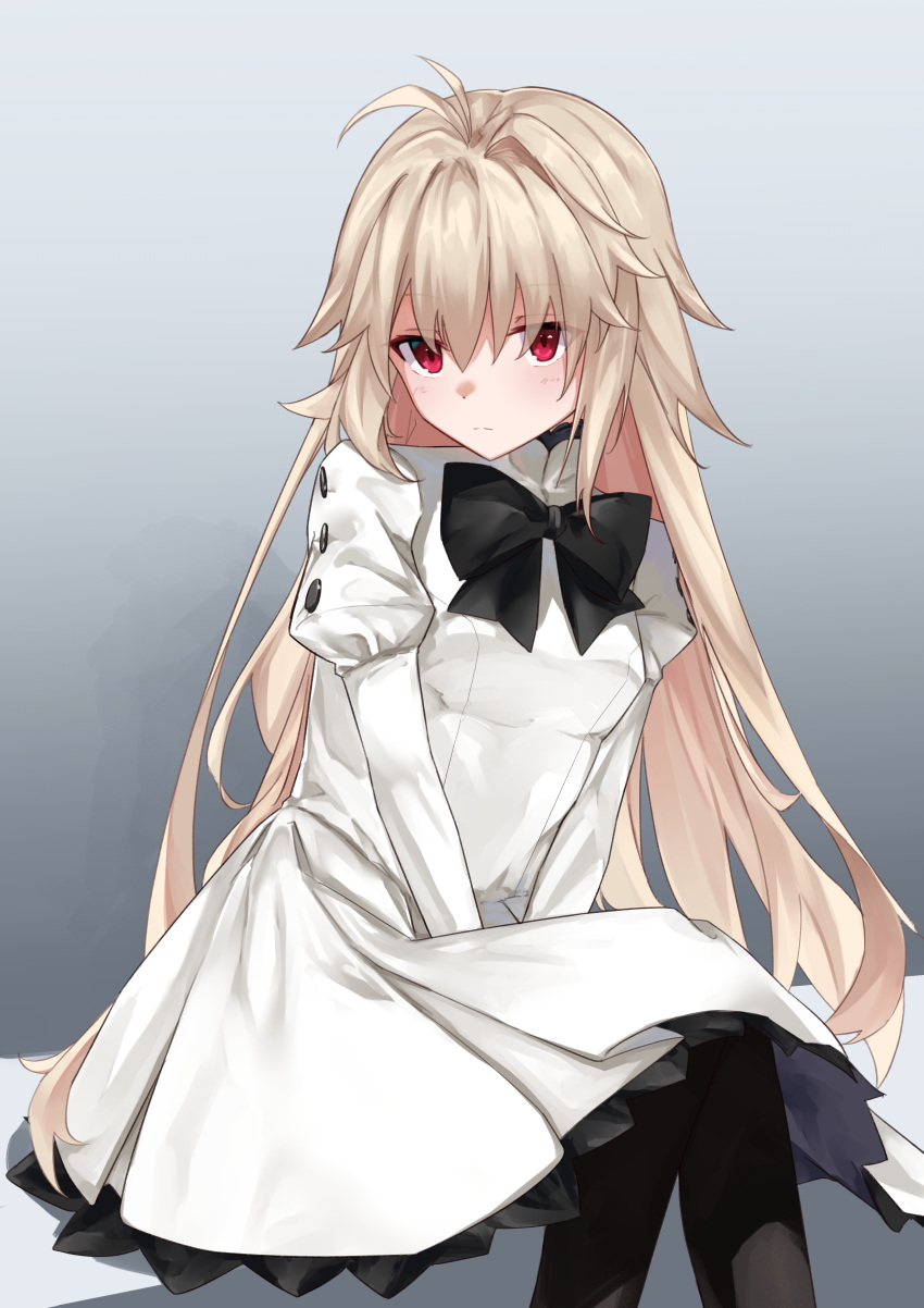 absurdres aged_down antenna_hair arcueid_brunestud black_bow black_pantyhose blonde_hair bow bowtie buttons closed_mouth commentary dress eco-arc female frilled_skirt frills hair_between_eyes highres juliet_sleeves long_hair long_sleeves looking_at_viewer mtmosphere pantyhose puffy_sleeves red_eyes sidelocks single_hair_intake sitting skirt solo tsukihime tsukihime_(remake) very_long_hair white_dress