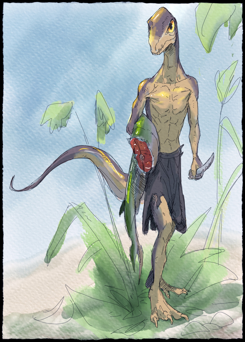 anthro claws clothed clothing digital_media_(artwork) dinosaur extinct fish hi_res knife long_tail male marine plant prehistoric_species reptile scalie scipionyx scipionyx_samniticus scuotivento slim solo tail weapon yellow_sclera