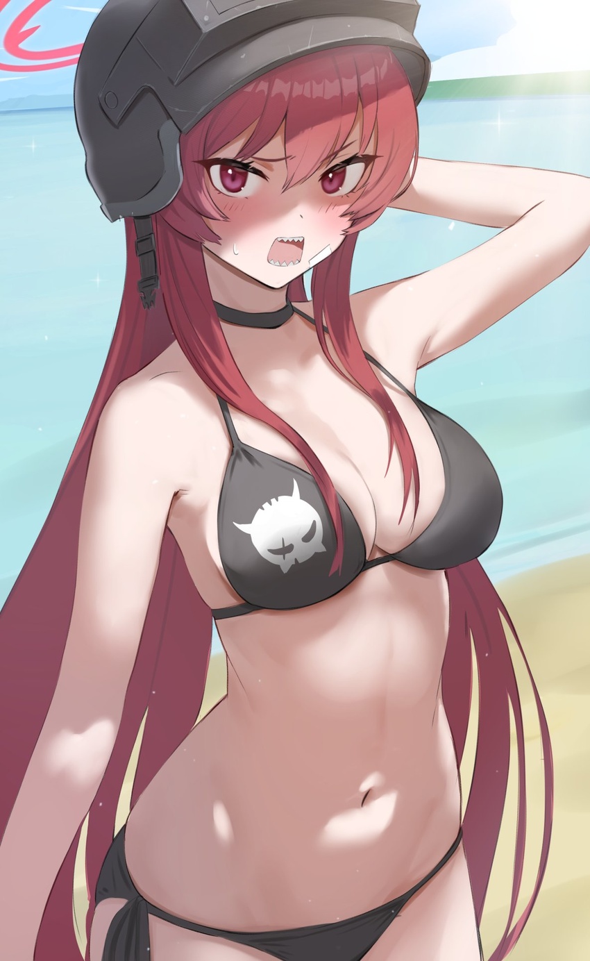 altyn_helmet arm_up bandaid bandaid_on_face beach bikini black_bikini blue_archive blush breasts choker cleavage combat_helmet embarrassed ev_(dai00888) fangs female halo helmet highres long_hair ocean rabu_(blue_archive) red_eyes red_hair skull_print solo string_bikini swimsuit tsurime very_long_hair