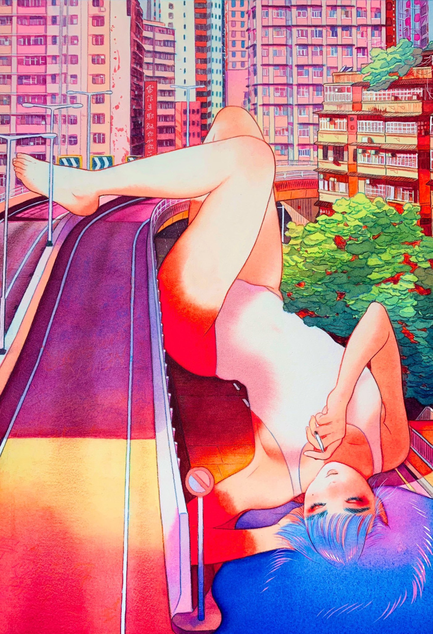 arm_behind_head blue_hair blunt_bangs cigarette city closed_eyes commentary eyeshadow female giant giantess highres highway holding holding_cigarette lamppost leotard little_thunder lying makeup mole mole_under_eye original painting_(medium) smoking solo thick_eyebrows traditional_media traffic_barrier tree watercolor_(medium) white_leotard