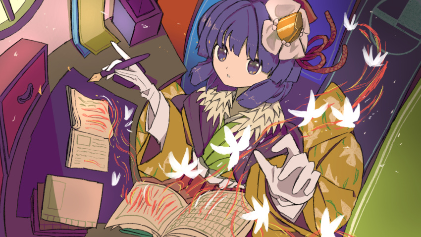 agatha_chris_q_outfit_(touhou) blunt_bangs book female fisheye flower forbidden_scrollery foreshortening gloves hair_flower hair_ornament hands_up hieda_no_akyuu holding holding_pen japanese_clothes kimono looking_at_viewer neruzou nib_pen_(object) notebook pen perspective purple_eyes purple_hair short_hair sitting touhou wide_sleeves writing