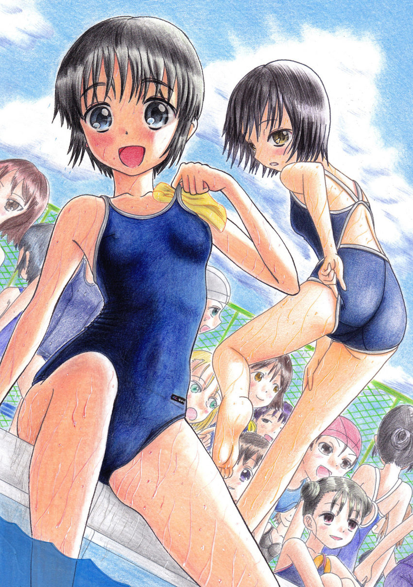 6+girls :d adjusting_clothes adjusting_swimsuit ass bare_legs barefoot black_hair blush chain-link_fence commentary_request competition_school_swimsuit copyright_request covered_nipples double_bun fence hair_bun hidaka_medaka highres looking_at_viewer multiple_girls object_in_clothes object_in_swimsuit open_mouth photoshop_(medium) poolside school_swimsuit smile swim_cap swimsuit unworn_swim_cap wet