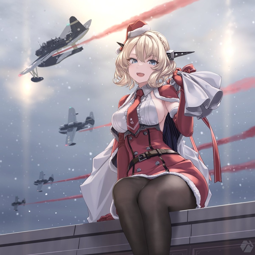 adapted_costume aircraft airplane artist_logo belt black_pantyhose blonde_hair blue_eyes blush braid breasts brown_belt capelet christmas colorado_(kancolle) crown_braid dress elbow_gloves feet_out_of_frame female gloves hat headgear highres kantai_collection looking_at_viewer medium_breasts medium_hair open_mouth outdoors pantyhose red_dress red_gloves rokuwata_tomoe sack santa_hat short_hair sideboob sitting smoke_trail snow solo vought_os2u_kingfisher