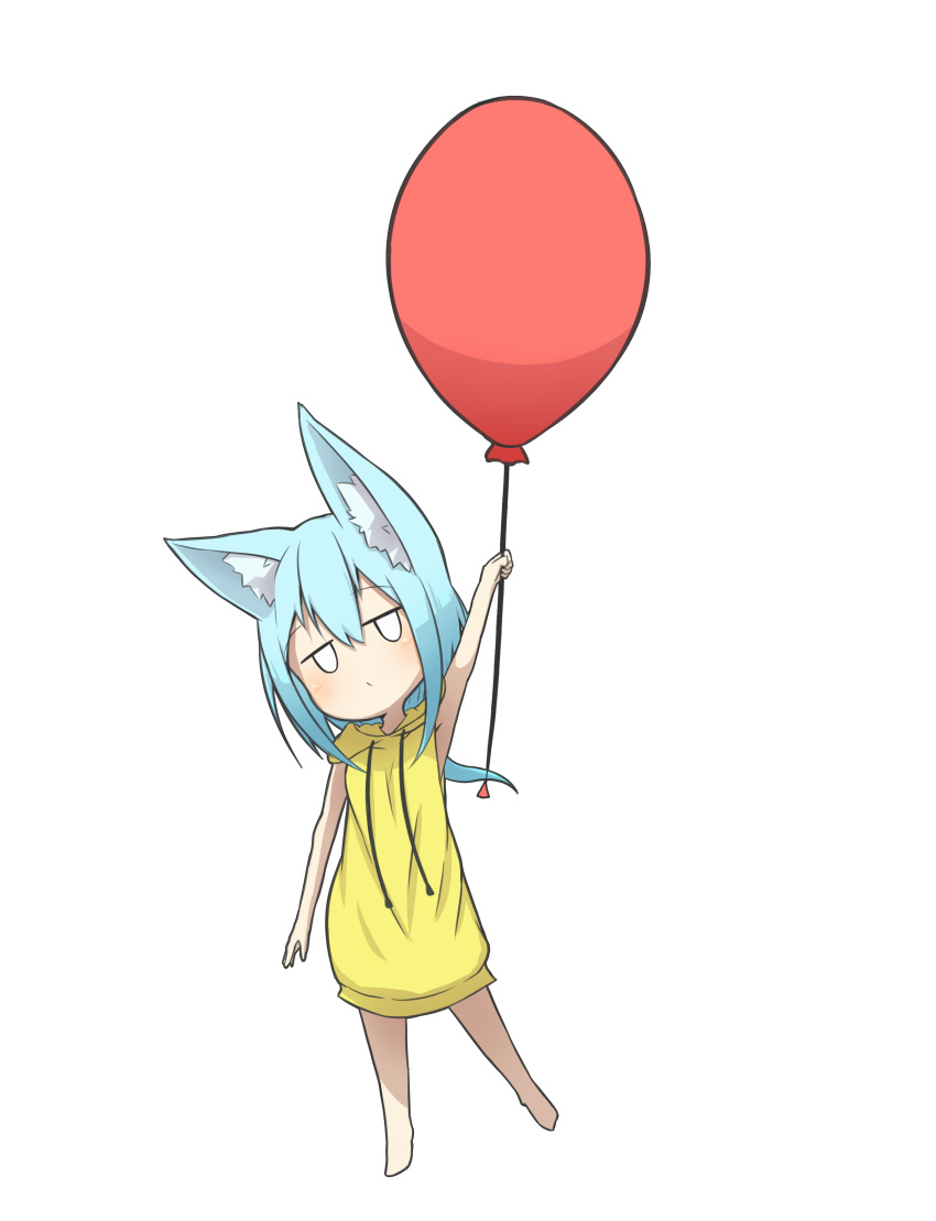 absurdres animal_ear_fluff animal_ears arm_up armpits bad_id bad_pixiv_id balloon bare_arms bare_shoulders barefoot blue_hair chibi closed_mouth commentary_request female full_body hair_between_eyes highres holding holding_balloon hood hood_down hoodie idaten93 jitome long_hair long_hoodie original simple_background sleeveless sleeveless_hoodie solo terufu-chan white_background yellow_hoodie