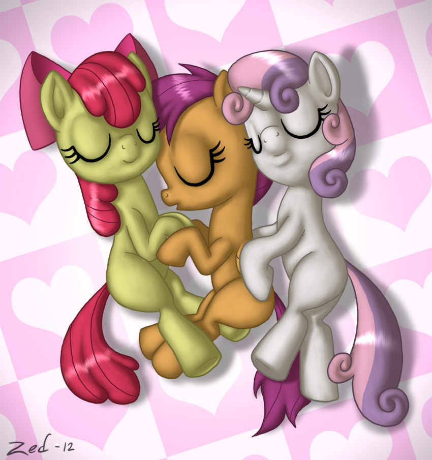 apple_bloom_(mlp) closed_eyes cutie_mark_crusaders_(mlp) daww earth_pony equid equine feathered_wings feathers female feral friendship_is_magic group hair hasbro heart_background heart_pattern heart_symbol hi_res horn horse mammal my_little_pony mythological_creature mythological_equine mythology nerdmouse orange_body orange_feathers pattern_background pegasus pony red_hair scootaloo_(mlp) simple_background sleeping sweetie_belle_(mlp) tail unicorn wings young young_feral