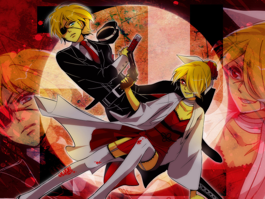 blonde_hair blue_eyes kagamine_len kagamine_rin len_append male red_eyes ribbons rin_append short_hair thighhighs vocaloid