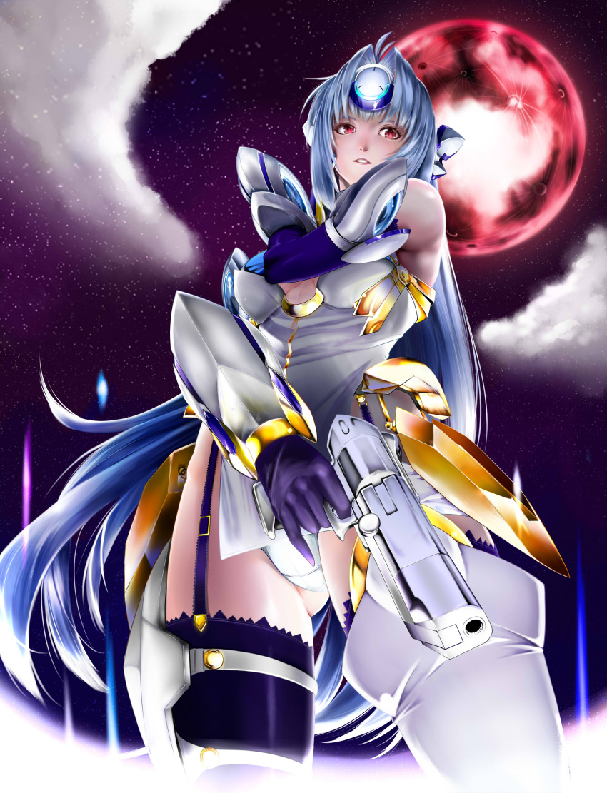 absurdres blue_hair commentary_request elbow_gloves expressionless female from_below full_moon gloves headpiece highres kos-mos kos-mos_ver._4 kurihara_kenshirou long_hair looking_at_viewer looking_down moon night night_sky orb panties red_eyes red_moon sky solo standing star_(sky) starry_sky thighhighs underwear vambraces very_long_hair weapon xenosaga xenosaga_episode_iii