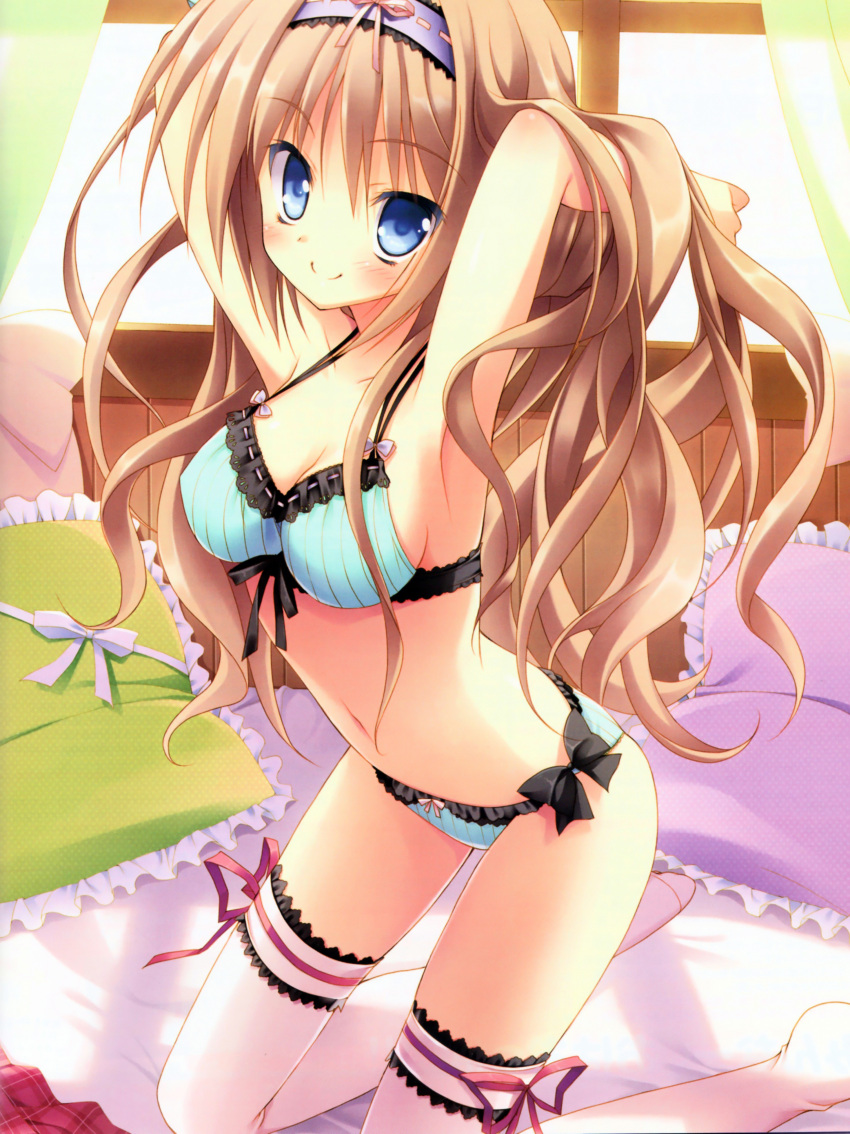 absurdres arched_back armpits arms_up bare_shoulders blue_bra blue_eyes blue_panties blush bow bow_panties bra breasts brown_hair cleavage copyright_request cushion female frills front-tie_top hairband highres kneeling lolita_hairband long_hair looking_at_viewer medium_breasts navel panties photoshop_(medium) scan side-tie_panties smile solo thighhighs toranosuke underwear underwear_only white_thighhighs window