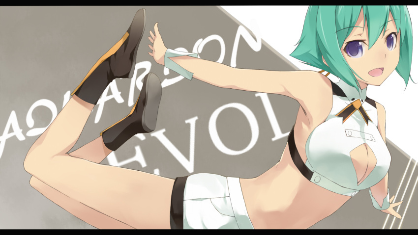 aquarion_(series) aquarion_evol bad_id bad_nicoseiga_id boots breasts cccpo cleavage copyright_name female green_hair highres large_breasts legs letterboxed midriff purple_eyes short_hair short_shorts shorts zessica_wong