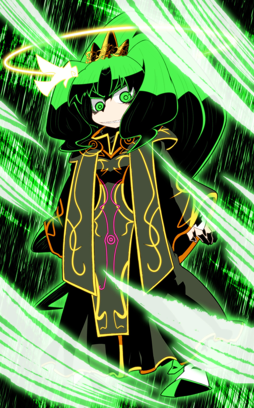 221_(tsutsuichi) alternate_costume cloak coat commentary_request cosplay cure_march cure_march_(princess_form) dark_persona female full_body green_background green_eyes green_hair grin halo highres kamen_rider kamen_rider_fourze_(series) long_hair midorikawa_nao photoshop_(medium) precure smile smile_precure solo tiara yellow_halo