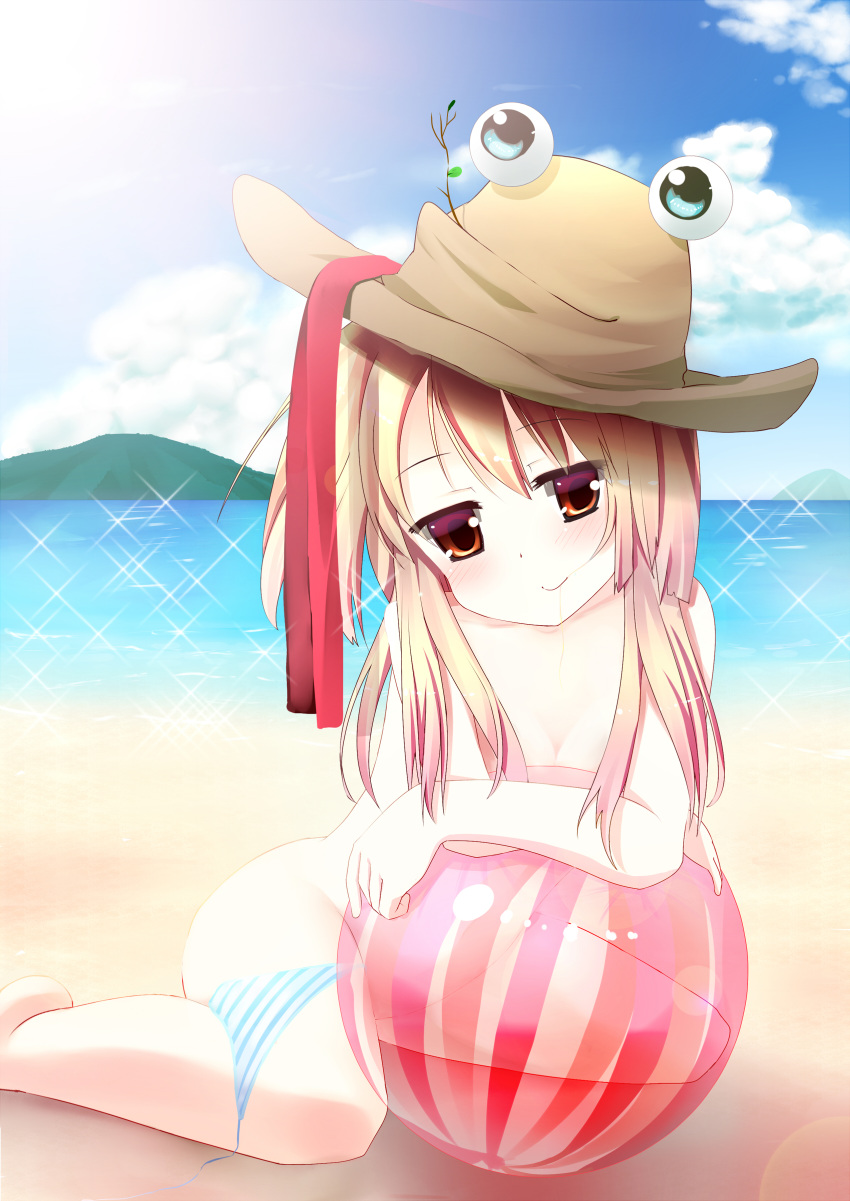 absurdres aqua_eyes bad_id bad_pixiv_id ball blonde_hair blush breasts brown_eyes cleavage cloud day dx_(dekusu) female hat highres island moriya_suwako nude ocean panties pyonta sash short_hair sky small_breasts smile solo striped_clothes striped_panties touhou underwear