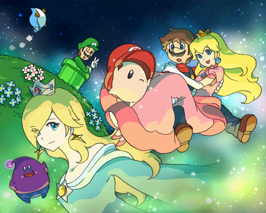 chiko_(mario) crown earrings facial_hair flower hat horubein jewelry lubba luigi luma mario mario_(series) moustache nintendo outer_space overalls princess_peach rosalina rosalina_(mario) rosetta_(mario) smile super_mario_bros. super_mario_galaxy super_mario_galaxy_2 v warp_pipe yoshi