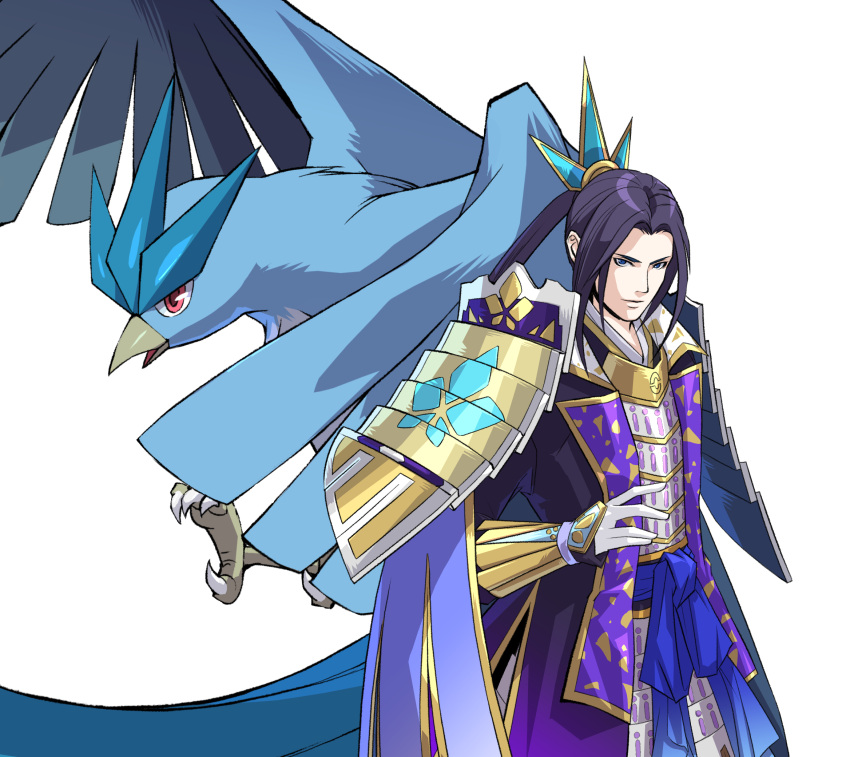 akechi_mitsuhide_(sengoku_musou) articuno bird highres male male_focus nobunaga_no_yabou official_art pokemon pokemon_+_nobunaga_no_yabou sengoku_musou