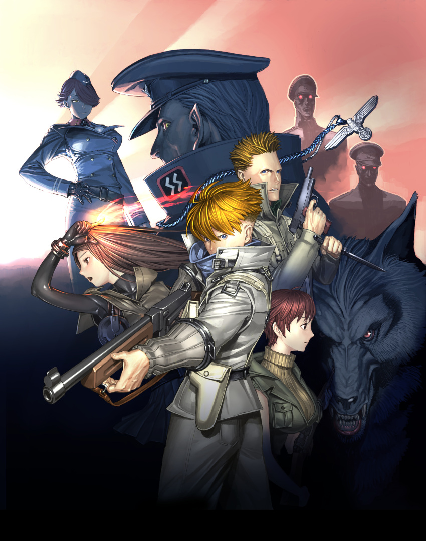 absurdres alexander_vlado blonde_hair blue_eyes brown_hair carmilla_(operation_darkness) close_quarters_combat combat_knife cordelia_blake cynthia_rivele edward_kyle garrison_cap gun hair_over_one_eye handgun hat highres insignia jude_lancelot knife military military_hat military_uniform multiple_boys multiple_girls official_art operation_darkness pointy_ears red-tinted_eyewear red_eyes red_hair reichsadler ribbed_sweater spiked_hair submachine_gun sunglasses sweater thompson_submachine_gun tinted_eyewear uniform vampire waffen-ss weapon werewolf yellow_eyes