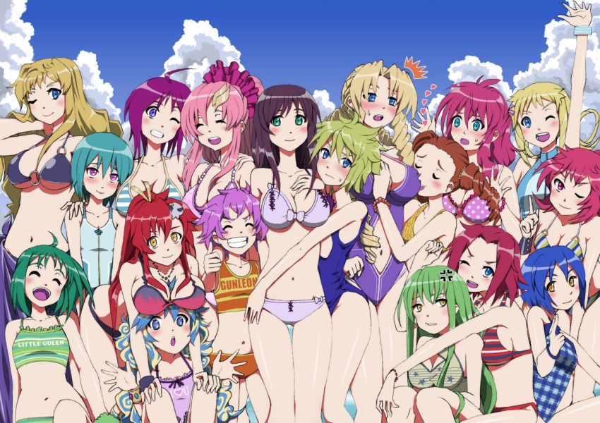 6+girls anger_vein aquarion_(series) azarashing_day bad_id bad_pixiv_id beach bikini blush bracelet breast_rest breasts breasts_on_head c.c. cleavage code_geass crossover dancouga_(series) day ester_elhas eureka_(eureka_seven) eureka_seven eureka_seven_(series) feldt_grace flat_chest green_hair grin gundam gundam_00 gundam_seed hidaka_aoi hug jewelry juusou_kikou_dancouga_nova kouzuki_kallen lacus_clyne large_breasts lunamaria_hawke macross macross_frontier mail_beater marguerite_pistail medium_breasts midriff mileina_vashti multiple_crossover multiple_girls navel nia_teppelin one-piece_swimsuit one_eye_closed open_mouth ranka_lee setsuko_ohara sheryl_nome shiny_skin silvia_de_alisia small_breasts smile sousei_no_aquarion super_robot_wars super_robot_wars_z super_robot_wars_z2 swimsuit tachibana_kurara tengen_toppa_gurren_lagann thigh_gap yoko_littner