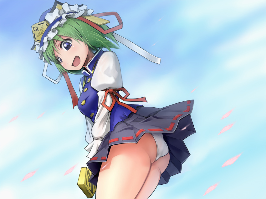 ass blue_eyes cloud commentary_request day female green_hair hat long_sleeves open_mouth panties petals puffy_sleeves ribbon rod_of_remorse shiki_eiki short_hair skirt sky solo touhou underwear white_panties you_naka