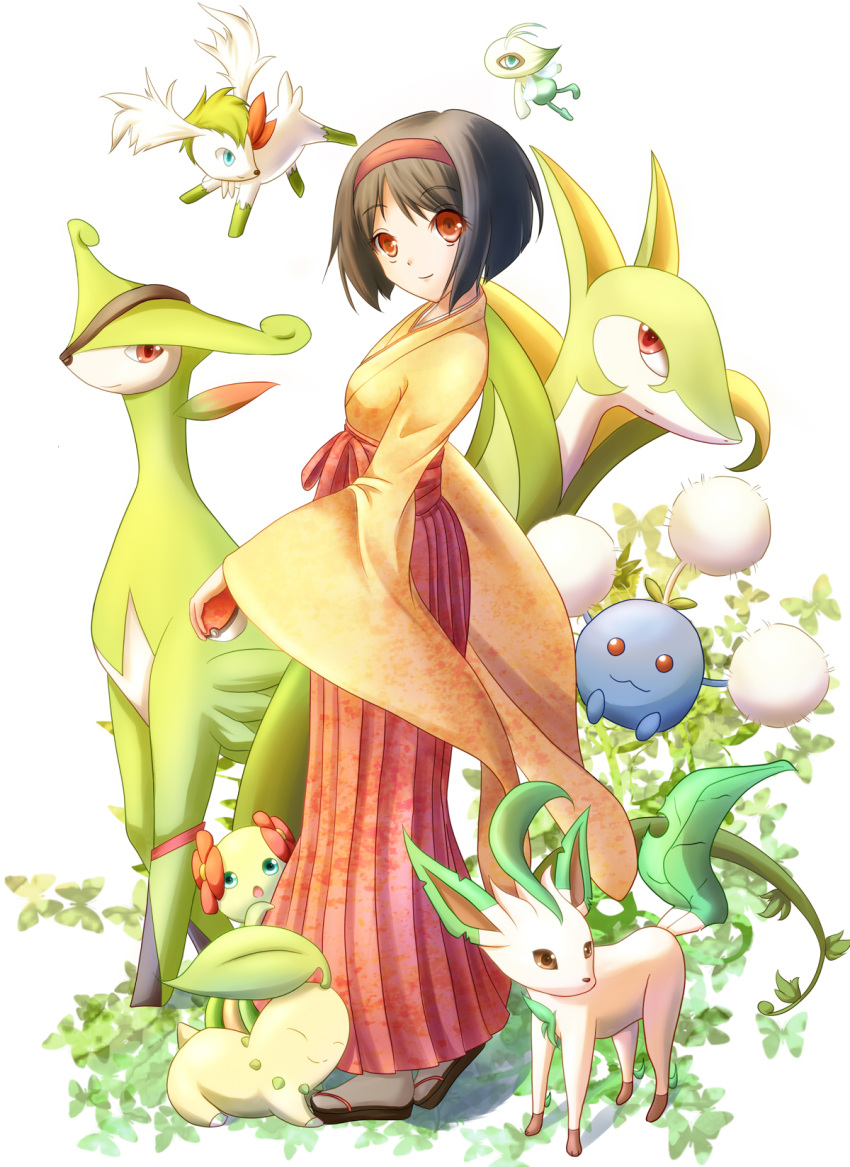 alternate_form bellossom black_hair bob_cut bug butterfly celebi chikorita commentary_request erika_(pokemon) female flower flying full_body headband highres holding holding_poke_ball japanese_clothes jumpluff kimono leaf leafeon nekonekonene poke_ball poke_ball_(basic) pokemon pokemon_(creature) pokemon_frlg red_eyes sandals serperior shaymin shaymin_(sky) short_hair simple_background smile socks tabi virizion white_background white_socks zouri