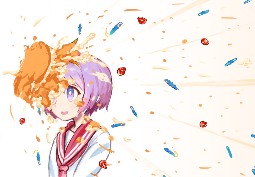 asgr blush cake commentary_request female food food_on_face fruit hair_ribbon highres hiiragi_tsukasa in_the_face lucky_star messy open_mouth pie_in_face purple_eyes purple_hair ribbon ryouou_school_uniform school_uniform serafuku short_hair simple_background smile solo strawberry white_background