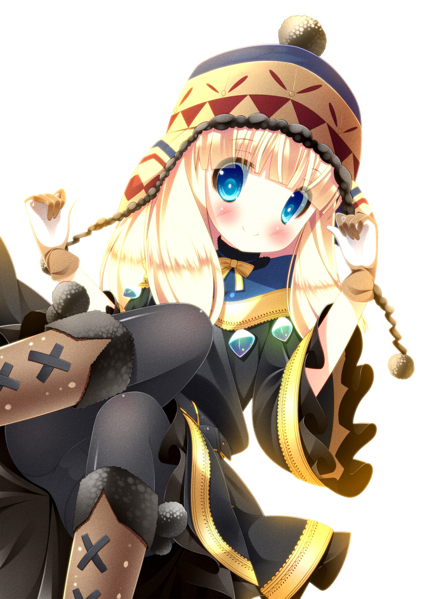 alternate_hair_color beanie belt black_pantyhose blonde_hair blue_eyes blush boots commentary_request dress female gloves hat highres long_hair panties panties_under_pantyhose pantyhose rune_master_(sekaiju) rune_master_2_(sekaiju) sekaiju_no_meikyuu sekaiju_no_meikyuu_4 sitting smile solo underwear zefa_(neoaltemice)