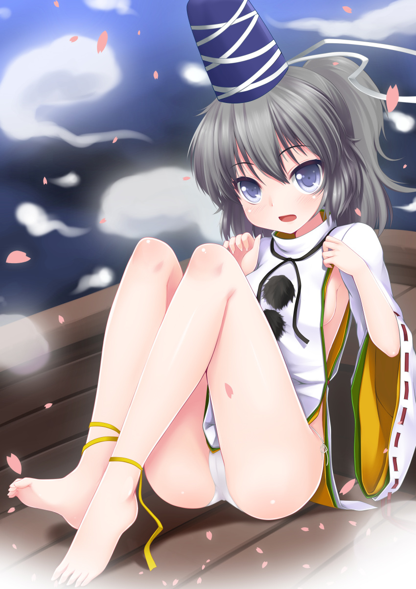 absurdres ankle_ribbon barefoot blue_eyes blush boat breasts commentary_request female grey_eyes grey_hair hat highres hitodama japanese_clothes kariginu leg_ribbon long_sleeves medium_breasts mononobe_no_futo no_bra no_pants open_mouth panties petals photoshop_(medium) ponytail ribbon short_hair side-tie_panties sideboob solo tate_eboshi touhou underwear watercraft white_panties wide_sleeves wolflong