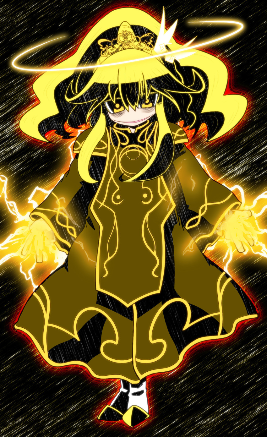 221_(tsutsuichi) alternate_costume black_background blonde_hair cloak coat commentary_request cosplay cure_peace cure_peace_(princess_form) dark_persona electricity female full_body hair_flaps halo highres kamen_rider kamen_rider_fourze_(series) long_hair photoshop_(medium) precure smile smile_precure solo tiara yayoi_kise yellow_eyes yellow_halo