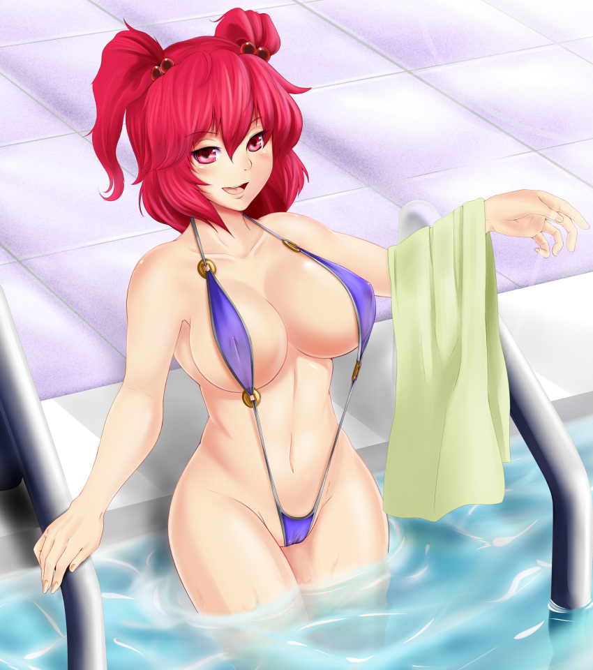 :d absurdres alternate_costume arm_up blush breasts cameltoe collarbone commentary_request covered_nipples curvy eyelashes female fingernails groin hair_bobbles hair_ornament highres large_breasts long_fingernails meganemausu nail_polish naughty_face navel onozuka_komachi open_mouth pool pool_ladder poolside red_eyes red_hair see-through short_hair slingshot_swimsuit smile solo swimsuit touhou towel two_side_up water wide_hips