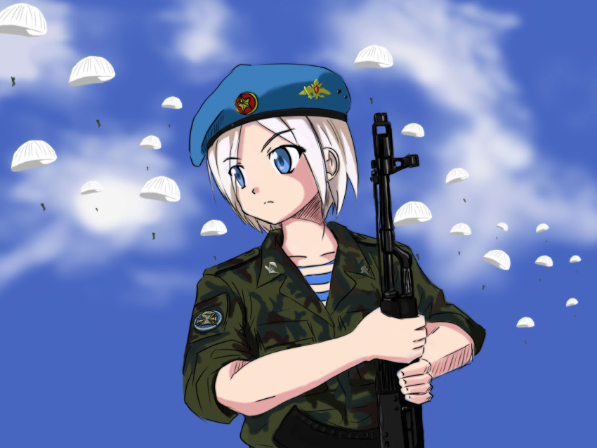 ak-74m assault_rifle beret copyright_request erica_(naze1940) female gun hat kalashnikov_rifle military military_uniform parachute photoshop_(medium) rifle russia shirt solo striped_clothes striped_shirt telnyashka uniform vdv weapon