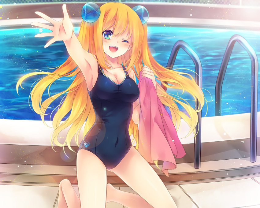 aizawa_hikaru cleavage jpeg_artifacts long_hair microsoft pool school_swimsuit swimsuit wink