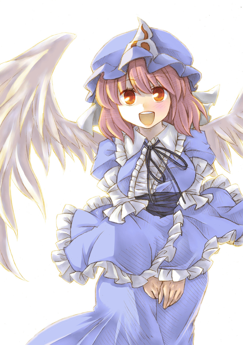 :d absurdres anarogumaaa angel_wings bad_id bad_pixiv_id dress feathered_wings female hat highres open_mouth pink_hair red_eyes saigyouji_yuyuko short_hair smile solo touhou white_background wings