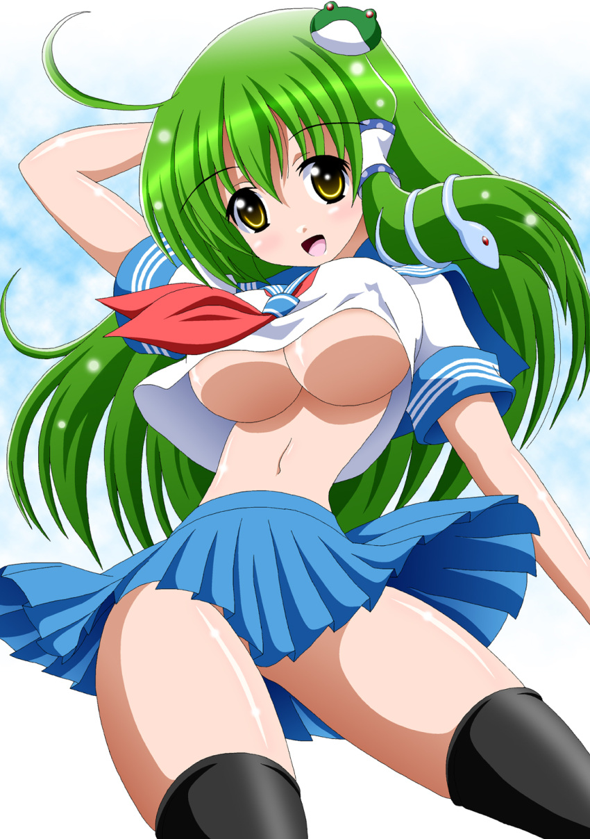 ahoge alternate_costume bad_anatomy bad_id bad_pixiv_id breasts contemporary day female frog_hair_ornament green_hair hair_ornament highres imai_kazunari kochiya_sanae large_breasts long_hair open_mouth sailor short_sleeves skirt sky snake_hair_ornament solo touhou underboob uniform very_long_hair yellow_eyes