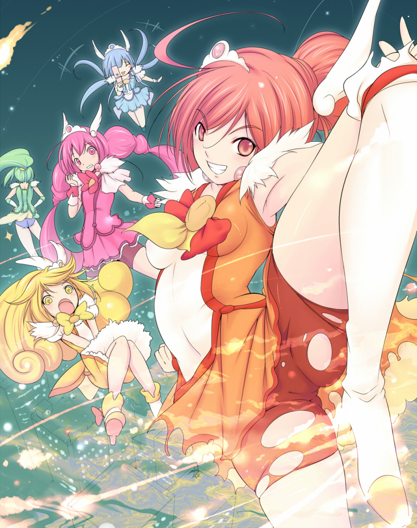 5girls aoki_reika bad_id bad_pixiv_id bike_shorts blonde_hair blue_hair blue_panties bow cellphone cure_beauty cure_happy cure_march cure_peace cure_sunny green_hair hair_flaps highres hino_akane_(smile_precure!) hoshizora_miyuki katori_(mocchidou) long_hair magical_girl midorikawa_nao multiple_girls open_mouth orange_skirt panties phone pink_bow pink_eyes pink_hair pink_shorts pink_skirt ponytail precure red_eyes red_hair red_shorts shorts skirt smile_precure tiara torn_clothes twintails underwear yayoi_kise yellow_eyes yellow_skirt