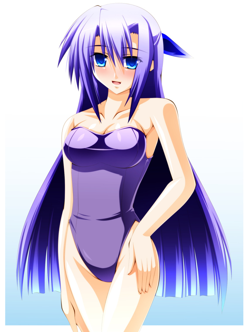 bare_shoulders blue_eyes blush commentary_request engo_(aquawatery) female ginga_nakajima hair_ribbon highres long_hair lyrical_nanoha mahou_shoujo_lyrical_nanoha_strikers one-piece_swimsuit purple_hair ribbon solo swimsuit