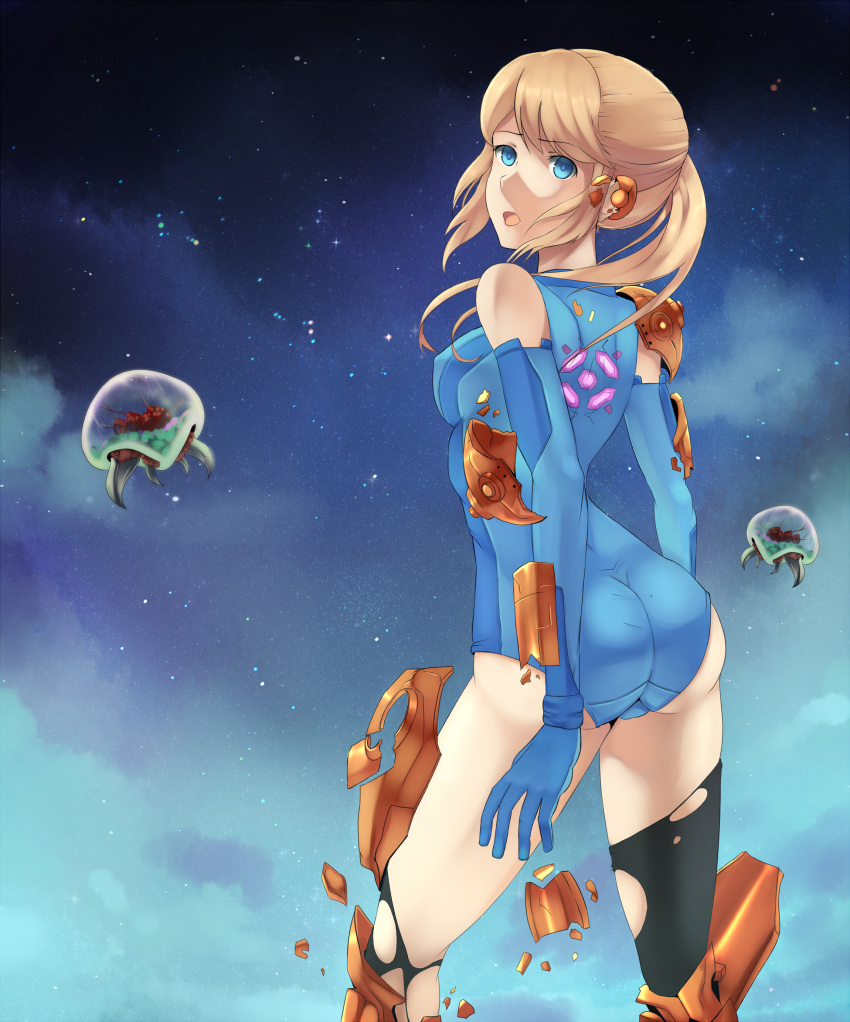 absurdres adapted_costume ass bad_id bad_pixiv_id blonde_hair blue_eyes female from_behind highres metroid metroid_(creature) ponytail ragecndy samus_aran torn_clothes varia_suit zero_suit