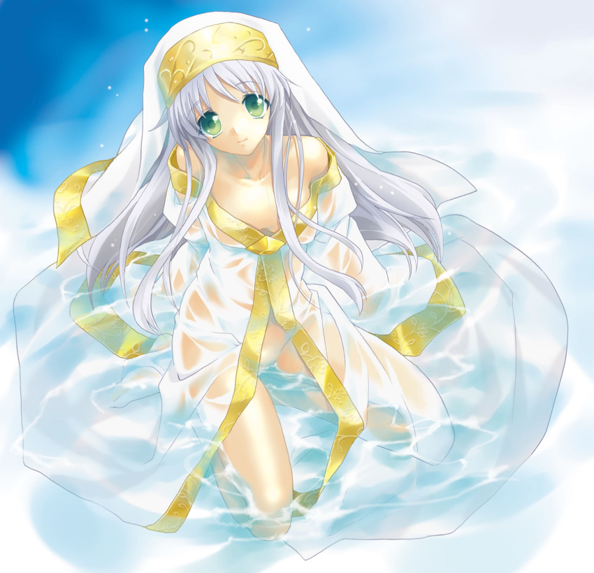 bare_shoulders breasts commentary_request downblouse female green_eyes grey_hair habit hasei_agana highres index_(toaru_majutsu_no_index) long_hair no_panties nun robe small_breasts smile solo toaru_majutsu_no_index water wet wet_clothes