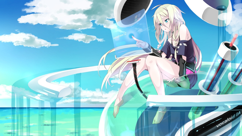 bare_shoulders barefoot blonde_hair blue_eyes braid cloud day female grey_hair highres holographic_interface holographic_monitor holographic_touchscreen ia_(vocaloid) long_hair matsuike ocean off_shoulder sky solo twin_braids very_long_hair vocaloid