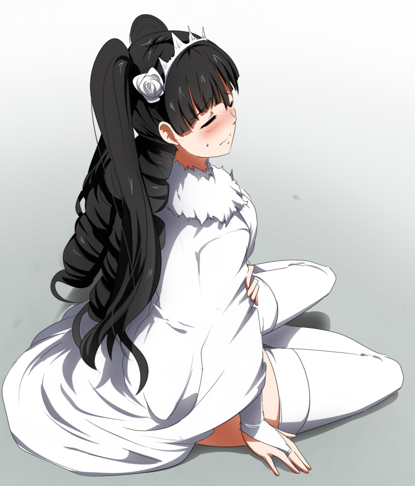 black_hair blush bridal_gauntlets closed_eyes commentary_request drill_hair female flower fur_trim gloves gradient_background hair_flower hair_ornament highres jacket long_hair magukappu original photoshop_(medium) simple_background sitting solo thighhighs tiara two_side_up white_gloves white_jacket white_theme white_thighhighs yokozuwari