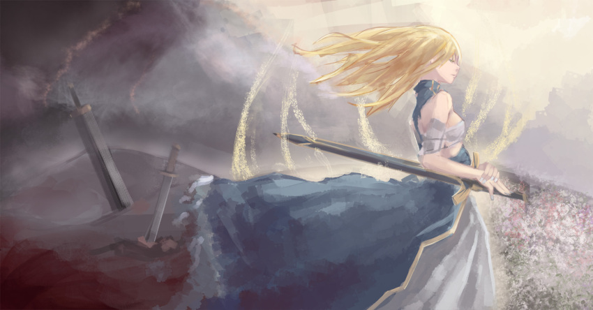 artoria_pendragon_(fate) bare_shoulders blonde_hair breasts commentary_request dress excalibur_(fate/stay_night) fate/zero fate_(series) female field_of_blades hair_down half-closed_eyes highres long_hair photoshop_(medium) planted planted_sword riftgarret saber_(fate) sideboob small_breasts solo sword torn_clothes torn_dress weapon