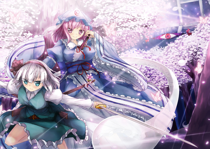 2girls 90i aqua_eyes bad_id bad_pixiv_id belt bow bug butterfly cherry_blossoms dual_wielding flower frills gap_(touhou) grey_hair hair_ribbon hairband hand_fan hat hitodama holding konpaku_youmu konpaku_youmu_(ghost) long_skirt long_sleeves multiple_girls petals photoshop_(medium) pink_eyes pink_hair puffy_sleeves ribbon saigyouji_yuyuko scabbard sheath short_hair skirt smile sword touhou tree triangular_headpiece unsheathed weapon white_hair wide_sleeves