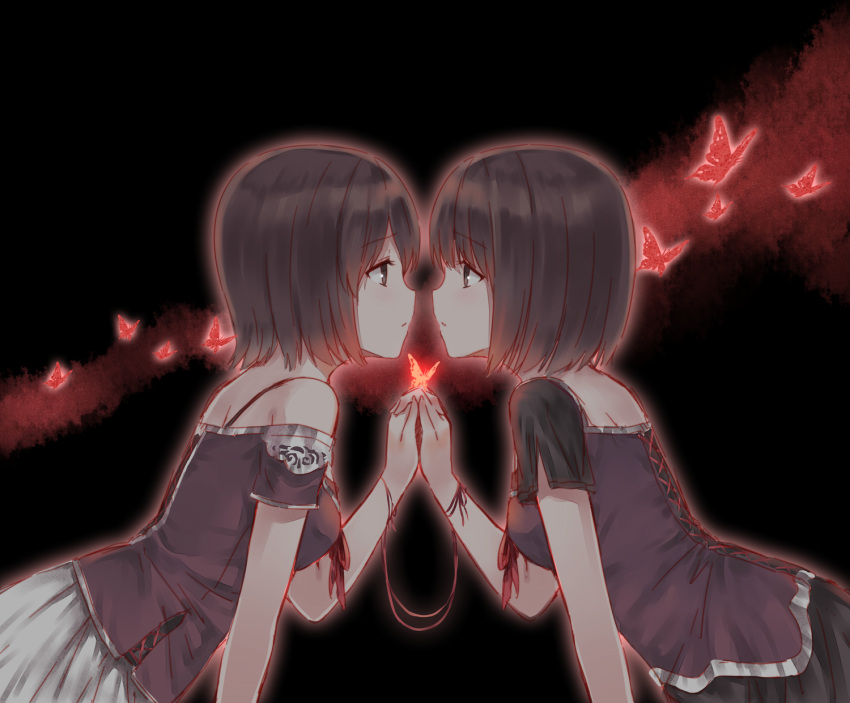 2girls amakura_mayu amakura_mio bad_id bad_pixiv_id brown_eyes brown_hair bug butterfly fatal_frame fatal_frame_2 highres hiten_(hitenkei) holding_hands interlocked_fingers multiple_girls short_hair siblings sisters skirt string twins