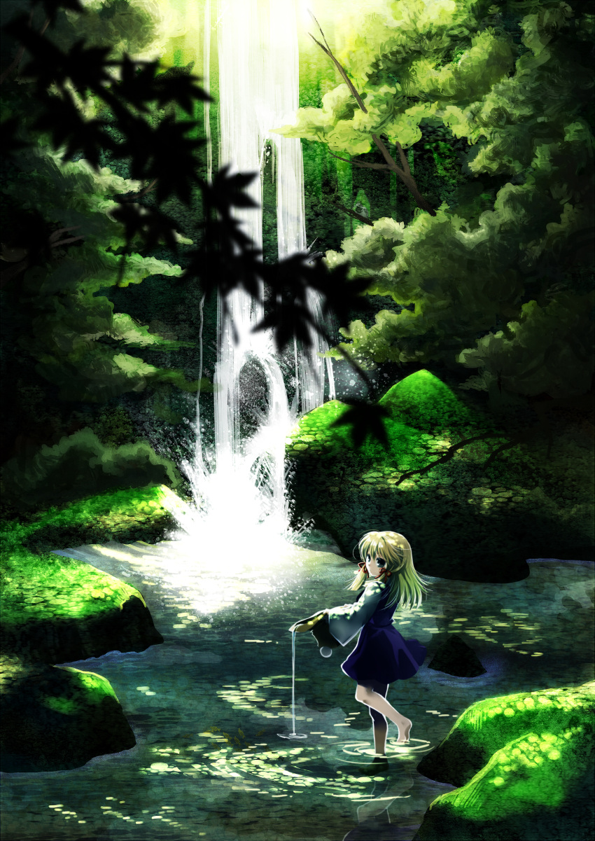 barefoot blonde_hair branch commentary_request female forest green_eyes hat highres leaf long_sleeves md5_mismatch moriya_suwako nature short_hair socha solo standing touhou tree unworn_hat unworn_headwear water waterfall wide_sleeves