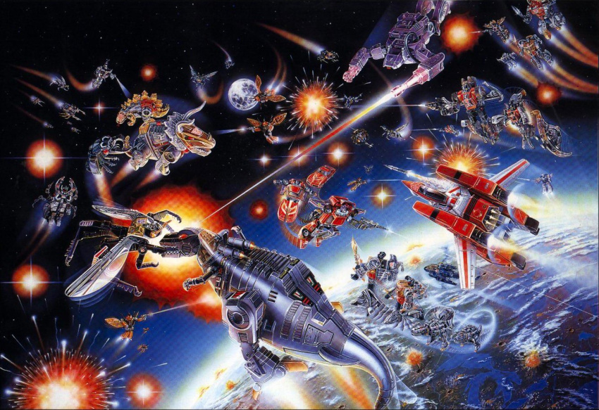 1980s_(style) aircraft apatosaurus arm_cannon autobot battle bombshell_(transformers) box_art bug car character_request decepticon dinosaur earth_(planet) explosion glint grimlock helicopter in_orbit jeffrey_mangiat jetfire kickback_(transformers) mecha missile moon motor_vehicle no_humans official_art planet realistic retro_artstyle robot sauropod scan science_fiction shockwave_(transformers) shrapnel_(transformers) slag_(transformers) sludge_(transformers) snarl_(transformers) space spacecraft stegosaurus sword tracks_(transformers) traditional_media transformers transformers:_generation_1 triceratops tyrannosaurus_rex vf-1 vf-1_super weapon whirl_(transformers)