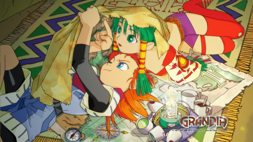 1990s_(style) 1997 1999 1boy blue_eyes candle carpet compass cropped cup feena_(grandia) female grandia grandia_i green_eyes green_hair hair_tubes hat highres hontani_toshiaki justin_(grandia) layered_sleeves lying map miniskirt non-web_source official_art on_back on_stomach one_eye_closed orange_hair pointing red_hair retro_artstyle skirt striped teacup tent thighhighs unworn_hat unworn_headwear wallpaper_forced