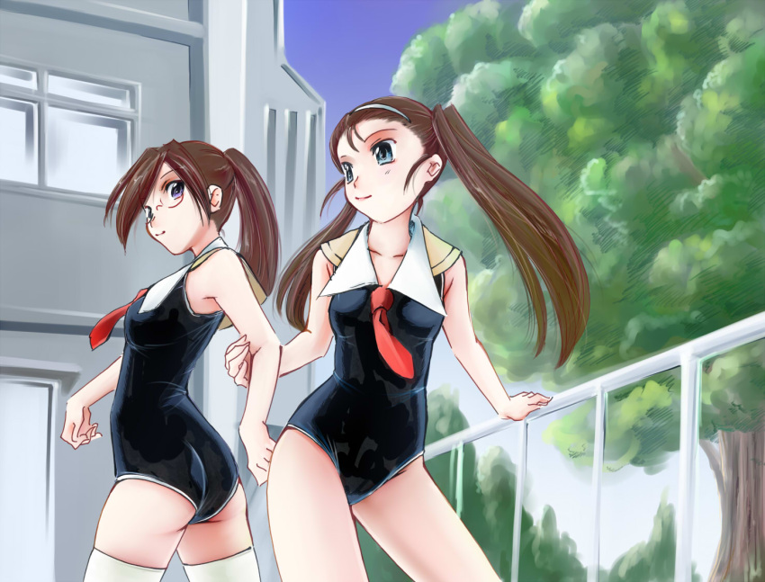 2girls bad_face brown_hair commentary_request jason_(kaiten_kussaku_kikou) long_hair multiple_girls one-piece_swimsuit original smile swimsuit