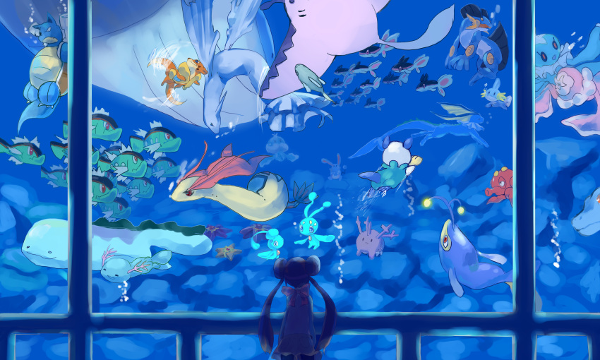 absurdres antennae azumarill basculin basculin_(red) blastoise commentary_request corsola dewgong double_bun female floatzel frillish frillish_(female) frillish_(male) from_behind hair_bun highres jellicent jellicent_(male) lanturn long_hair lumineon manaphy mantine milimilihosi milotic mudkip octillery oshawott phione pokemon pokemon_(creature) pokemon_bw2 quagsire red_eyes remoraid ribbon rosa_(pokemon) shorts starmie staryu swampert underwater vaporeon wailord wooper