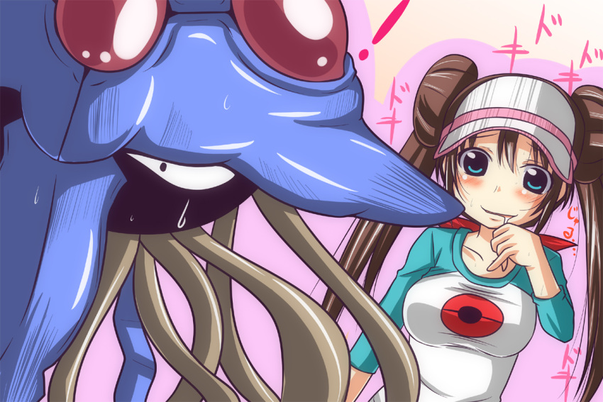 ! blue_eyes breasts brown_hair commentary_request double_bun female female_pervert hair_bun long_hair medium_breasts nishi_koutarou painttool_sai_(medium) pervert pokemon pokemon_(creature) pokemon_bw2 pokephilia raglan_sleeves role_reversal rosa_(pokemon) saliva sweatdrop tentacruel twintails visor_cap you_gonna_get_raped zoophilia