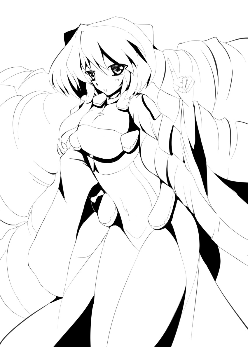 aeolus06 bodysuit drill_hair female female highres kyoukai_senjou_no_horizon kyoukaisenjou_no_horizon long_hair monochrome nate_mitotsudaira neito_mitotsudaira solo very_long_hair