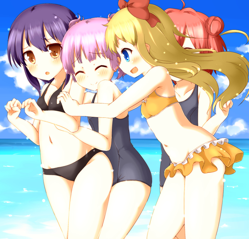 4girls ^_^ ahoge akaza_akari bad_id bad_pixiv_id bare_shoulders beach bikini black_hair blonde_hair blue_eyes bow brown_eyes closed_eyes cloud collarbone commentary_request day faubynet funami_yui hair_bobbles hair_bun hair_intakes hair_ornament hairbow hidden_face highres md5_mismatch multiple_girls navel one-piece_swimsuit open_mouth outdoors pink_hair red_hair resolution_mismatch single_hair_bun sky smile source_smaller swimsuit toshinou_kyouko twintails water yoshikawa_chinatsu yuru_yuri