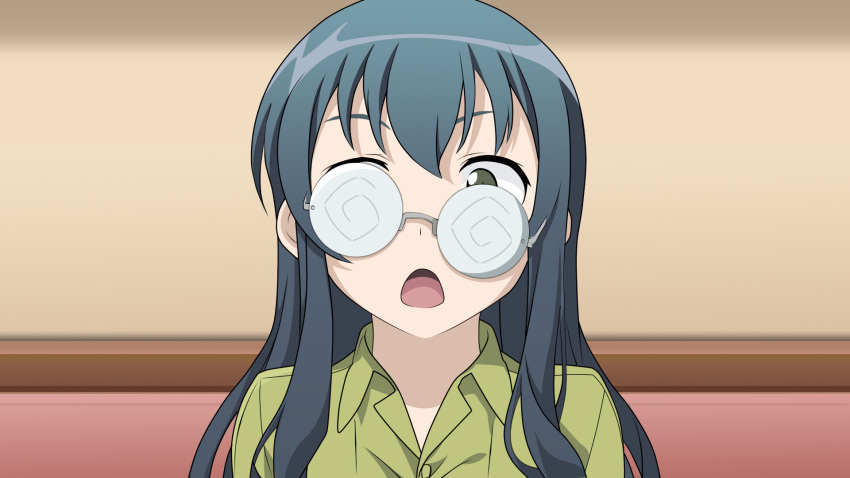 :o @_@ blue_hair brown_eyes claria coke-bottle_glasses commentary_request crooked_eyewear dark_blue_hair female glasses green_hair green_shirt hair_down highres indoors long_hair looking_at_viewer makishima_saori open_collar open_mouth ore_no_imouto_ga_konna_ni_kawaii_wake_ga_nai rimless_eyewear round_eyewear shirt solo surprised upper_body