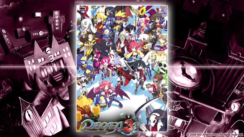 2008 6+boys 6+girls akutare_(disgaea) almaz_von_almadine_adamant archer_(disgaea) asagiri_asagi asuka_cranekick aurum_(disgaea) berserker_(disgaea) cheerleader_(disgaea) company_connection demon_boy demon_girl disgaea eringya_(marl_kingdom) everyone female_brawler_(disgaea) fire_demon_(disgaea) flower geoffrey_(disgaea) glasses gunslinger_(disgaea) harada_takehito highres holding holding_scythe horns kyoko_needleworker logo makai_senki_disgaea_3 male_brawler_(disgaea) male_focus male_healer_(disgaea) mao_(disgaea) marl_kingdom marona_(phantom_brave) masked_hero_(disgaea) master_big_star mr._champloo multiple_boys multiple_girls nippon_ichi official_art official_wallpaper open_mouth pantyhose photoshop_(medium) prinny prism_red ranger_(disgaea) raspberyl reaper_(disgaea) red_eyes ronin_(disgaea) saber_kitty_(disgaea) salvatore_(disgaea) sapphire_rhodonite scan scythe shaman_(disgaea) slime_(disgaea) smile succubus_(disgaea) sunflower thighhighs