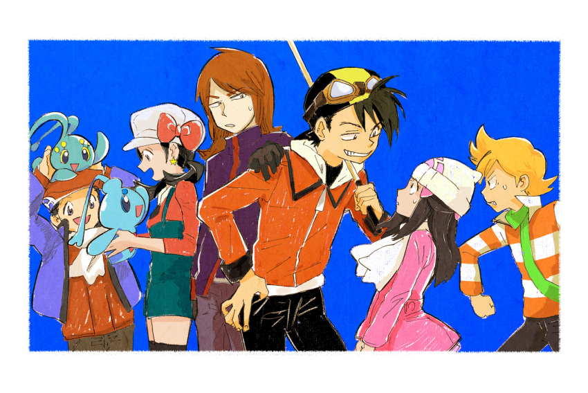 2girls 4boys :d angry antennae backwards_hat bad_id bad_pixiv_id barry_(pokemon) baseball_cap black_hair blonde_hair blue_background blue_eyes colored_sclera cue_stick dawn_(pokemon) earrings ethan_(pokemon) gloves goggles goggles_on_head hand_on_another's_shoulder hat holding holding_pokemon jewelry katou_(osoraku) kris_(pokemon) lucas_(pokemon) manaphy multiple_boys multiple_girls on_head phione pokemon pokemon_(creature) pokemon_adventures pokemon_on_head red_hair ribbon scarf shirt silver_(pokemon) smile star_(symbol) star_earrings striped_clothes striped_shirt surprised twintails winter_clothes yellow_sclera